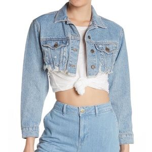 TOPSHOP Cropped Distressed Ripped Blue Denim Jacket